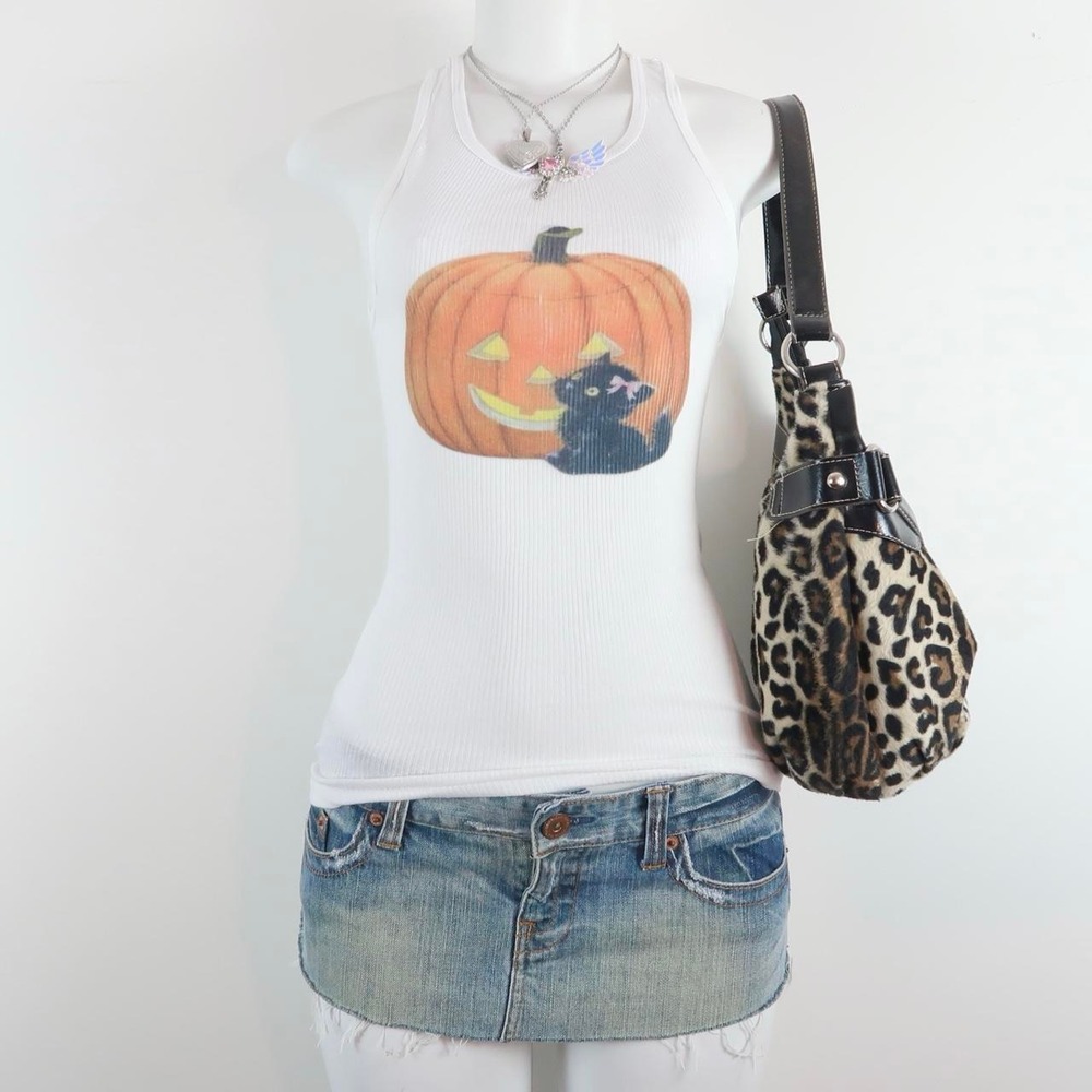 y2k halloween pumpkin tank | 2000s black cat graphic ribbed cami | halloween top
